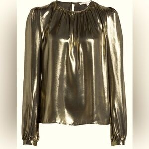 WAYF JOSALINE METALLIC LONG SLEEVE BLOUSE IN GOLD LAME size Large L